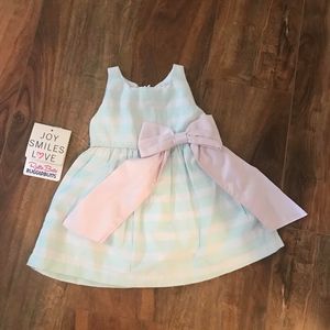 baby Aqua Stripe Sateen Bow Dress - Ruffle Butts